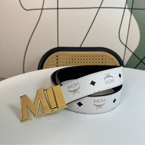 MCM White Belt with Gold M Buckle